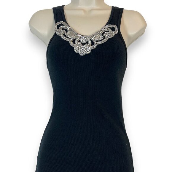 Black Tank Top Statement Rhinestone Jewel Collar Y2K Ribbed Retro Small - Picture 1 of 8